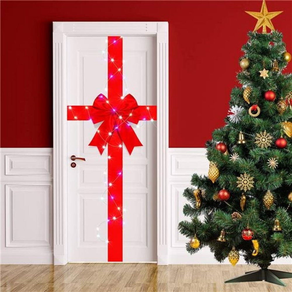 Christmas Cabinet Door Ribbon Bow with LED Light (Red)